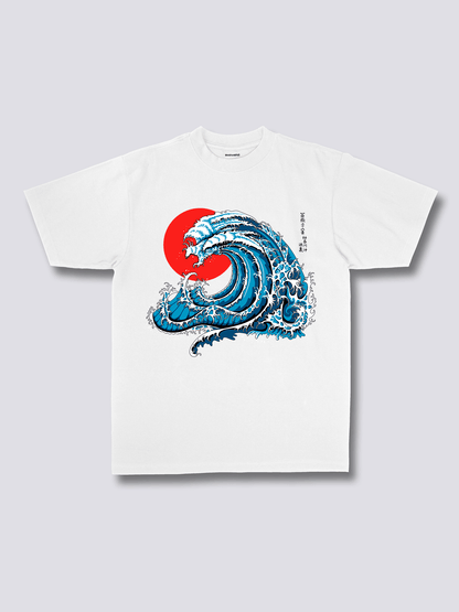 WAVY PHOENIX 波と赤い太陽のフロントプリントTシャツ